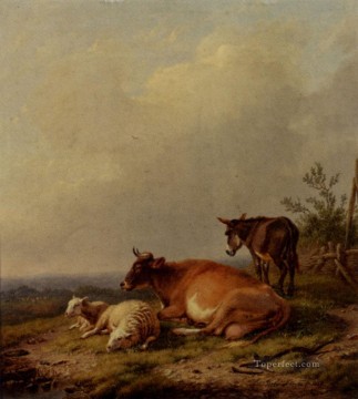 Una vaca, una oveja y un burro, Eugene Verboeckhoven, animal. Pinturas al óleo